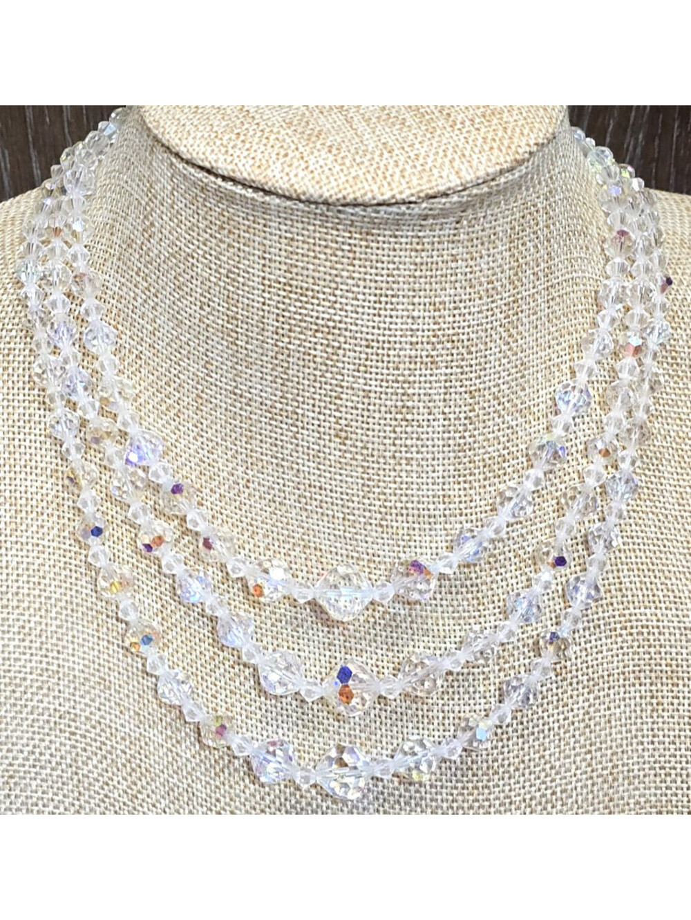 3 row Vintage Aurora Borealis Faceted Bead necklace